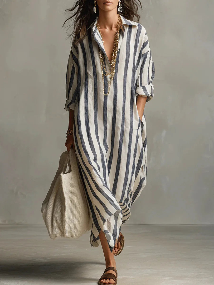 Vertical Striped Collared Oversized Long Dress