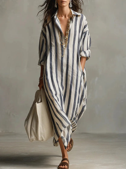 Vertical Striped Collared Oversized Long Dress