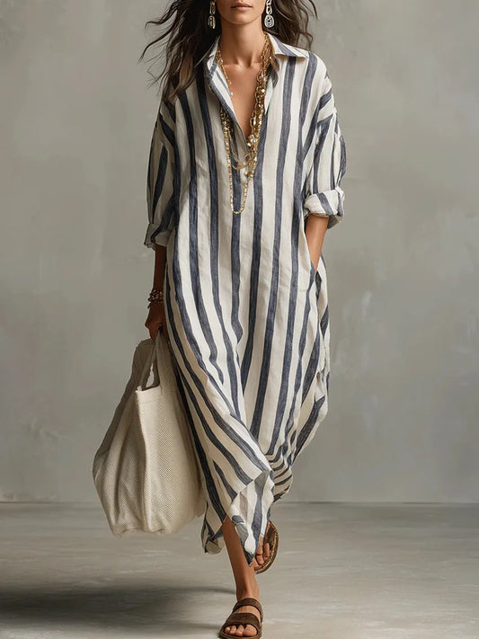 Vertical Striped Collared Oversized Long Dress