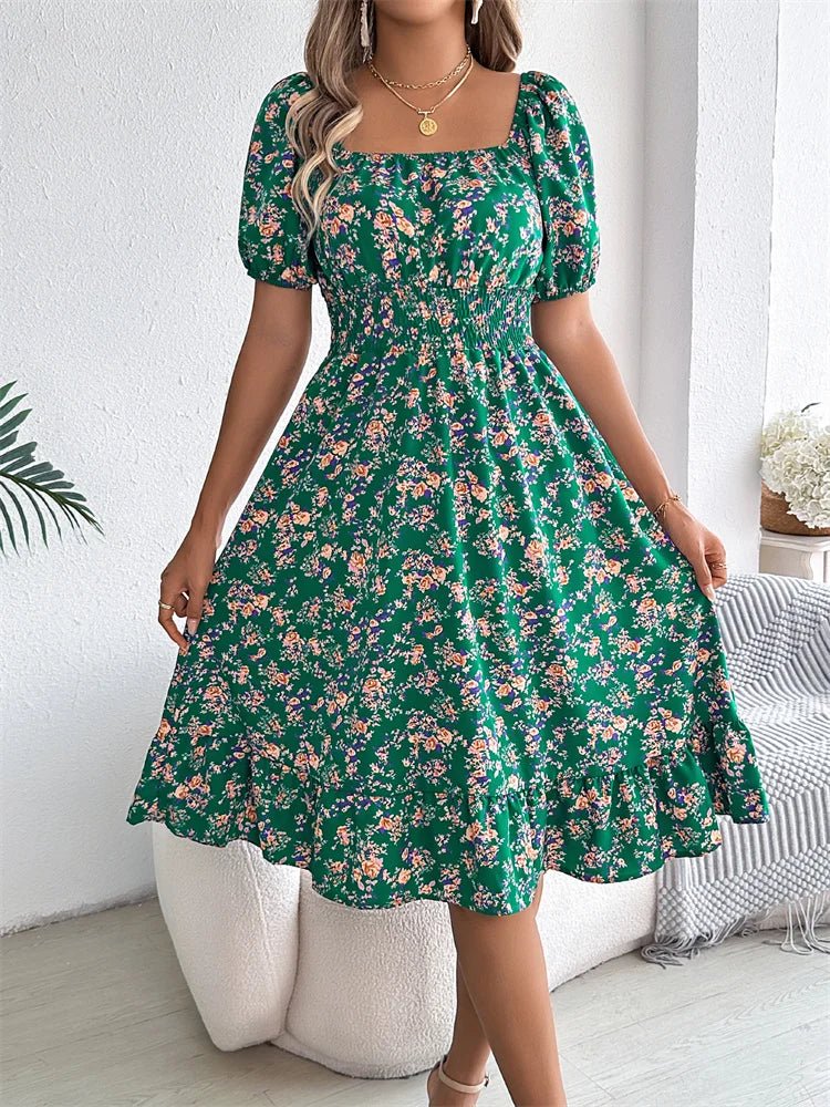 Square Neck Smocked Puff Sleeve Floral Midi Dress