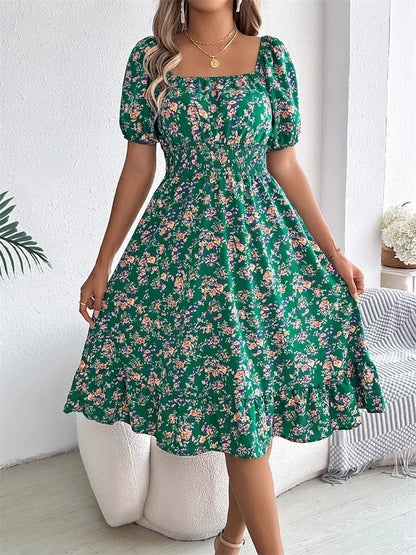 Square Neck Smocked Puff Sleeve Floral Midi Dress