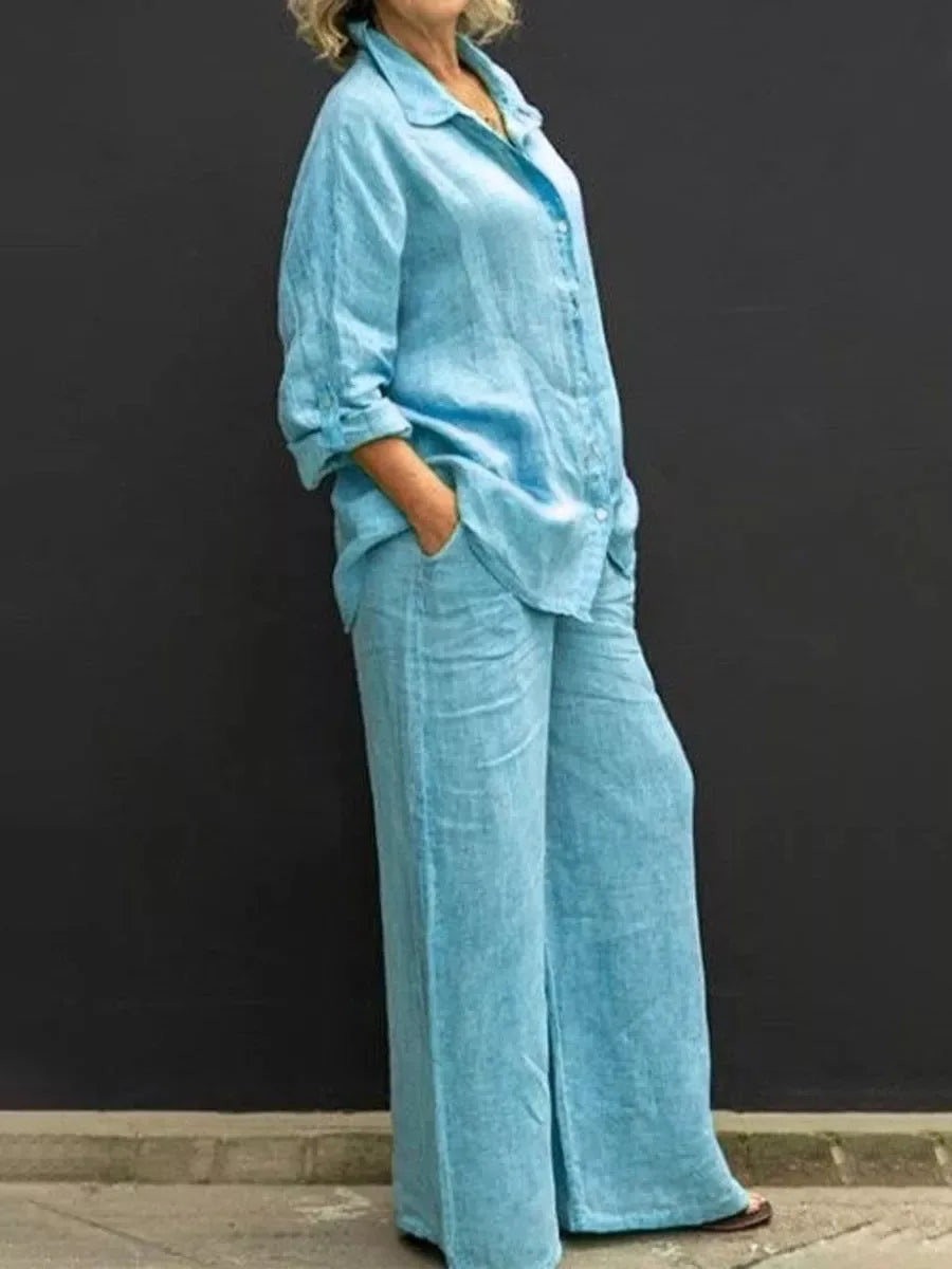 Collared Buttoned Loose Wide Leg Pocketed Set