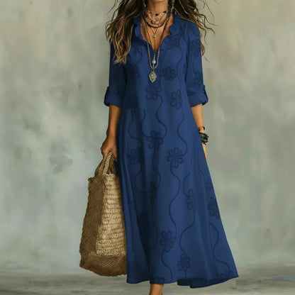 Three Quarter Sleeve Split Neck Maxi Dress