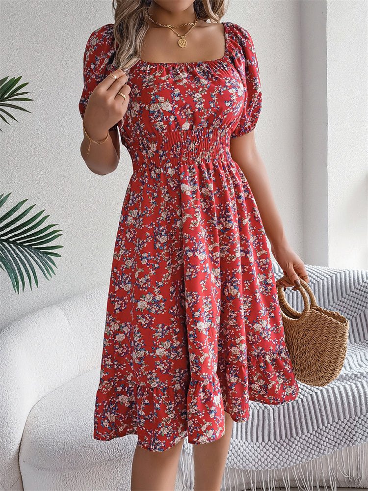 Square Neck Smocked Puff Sleeve Floral Midi Dress