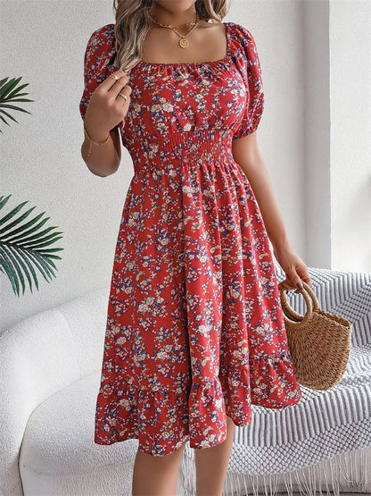Square Neck Smocked Puff Sleeve Floral Midi Dress