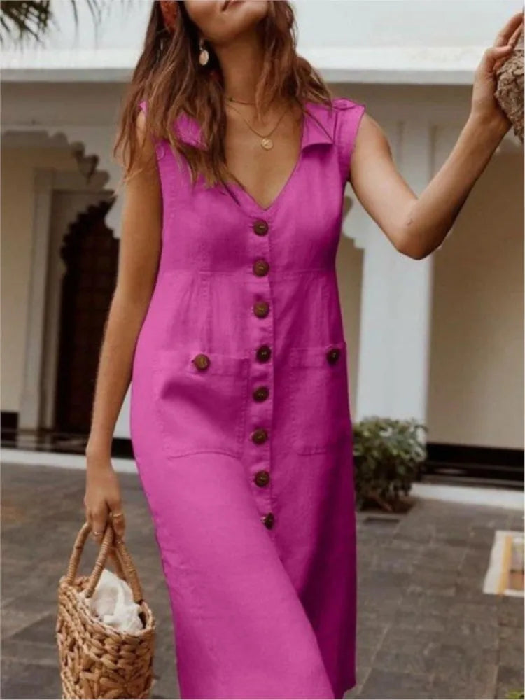 Sleeveless Buttoned Pocketed Midi V Neck A Line Dress