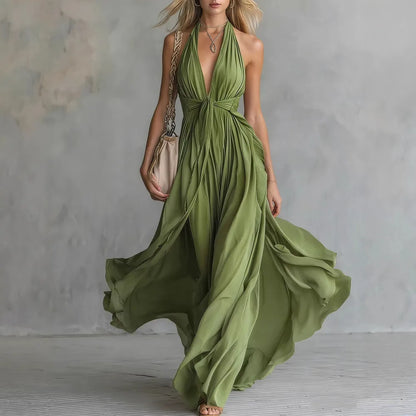 Halter Plunging Pleated Knotted Flared Dress