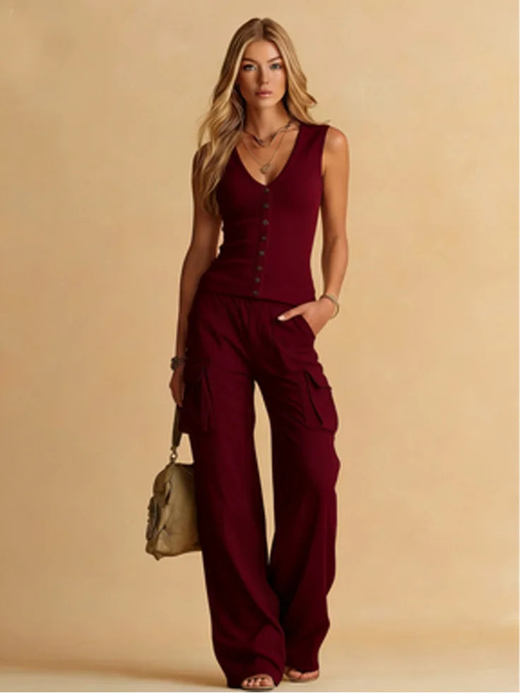 Sleeveless Buttoned Fitted Top Pocketed Wide Long Trouser Set