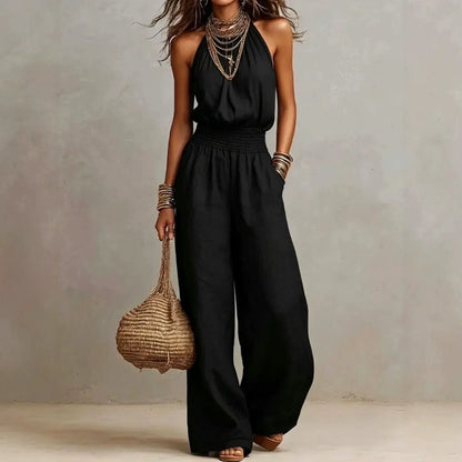 Halter Shirred Pleated Loose Long Jumpsuit