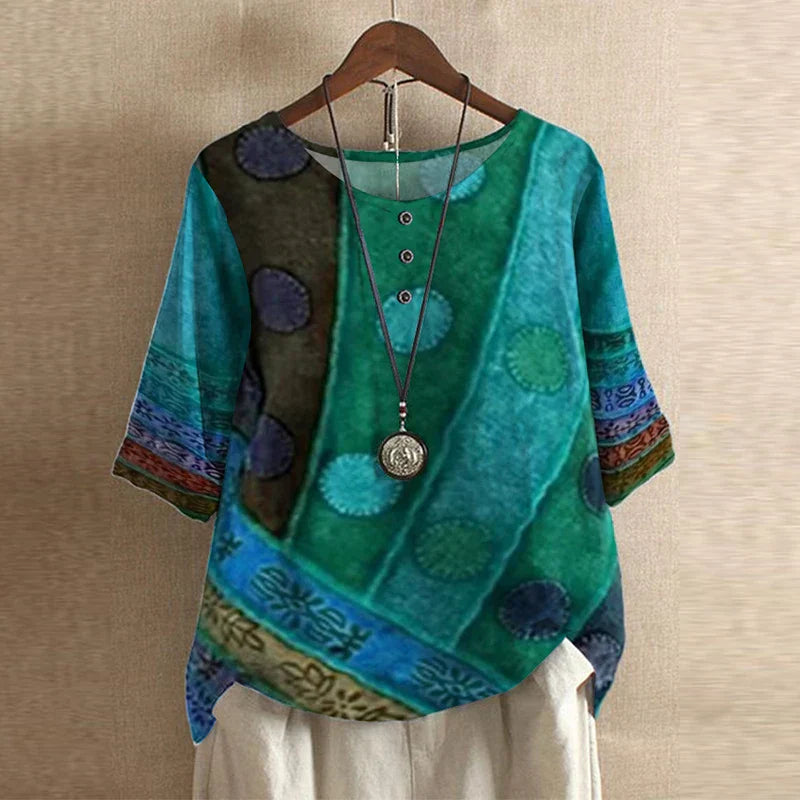 Graphic Crew Neck Curved Hem Medium Sleeve Blouse