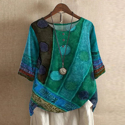 Graphic Crew Neck Curved Hem Medium Sleeve Blouse