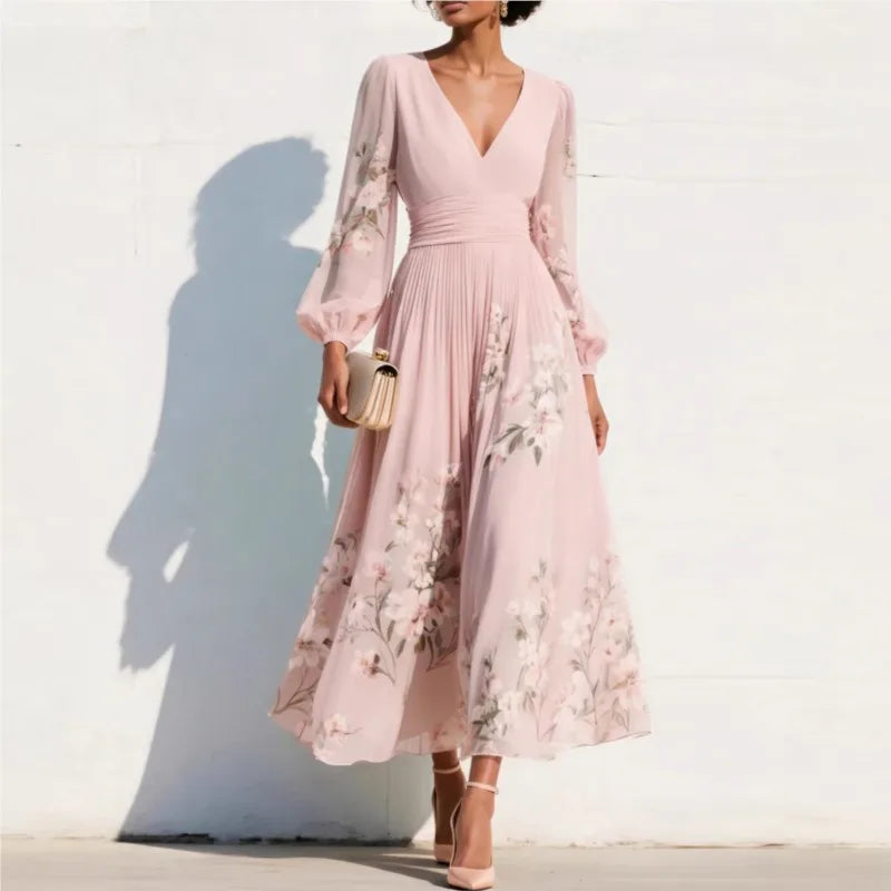 Pleated Long Sleeve V Neck Maxi Dress