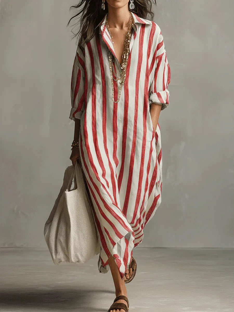 Vertical Striped Collared Oversized Long Dress