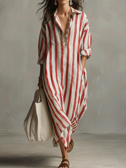 Vertical Striped Collared Oversized Long Dress