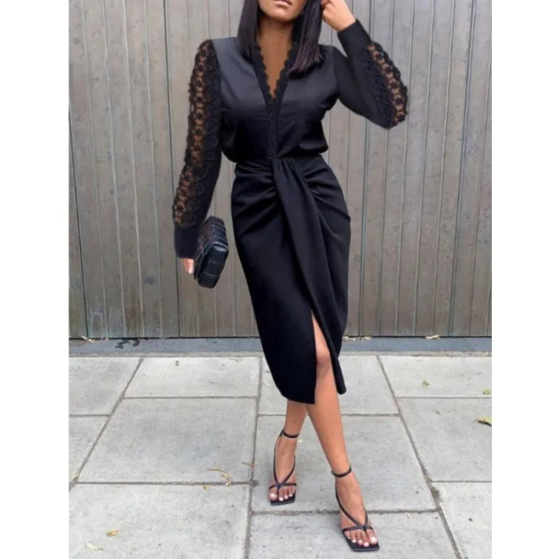 Lace Trimmed Long Sleeve Slit Midi Dress