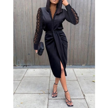Lace Trimmed Long Sleeve Slit Midi Dress