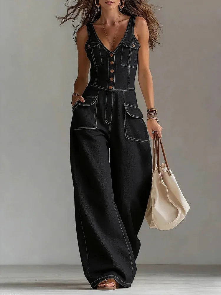 Sleeveless Buttoned Pocketed Plunging Wide Jumpsuit