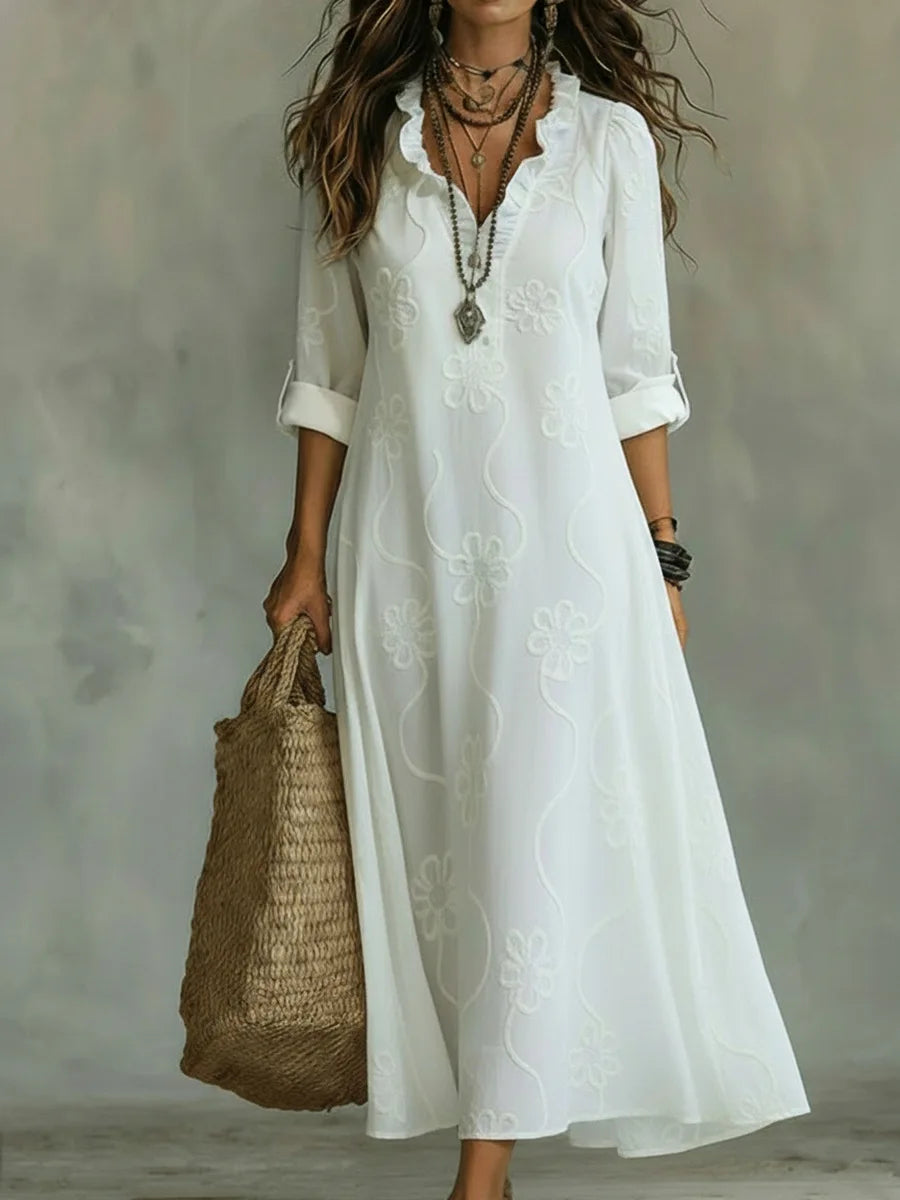 Three Quarter Sleeve Split Neck Maxi Dress