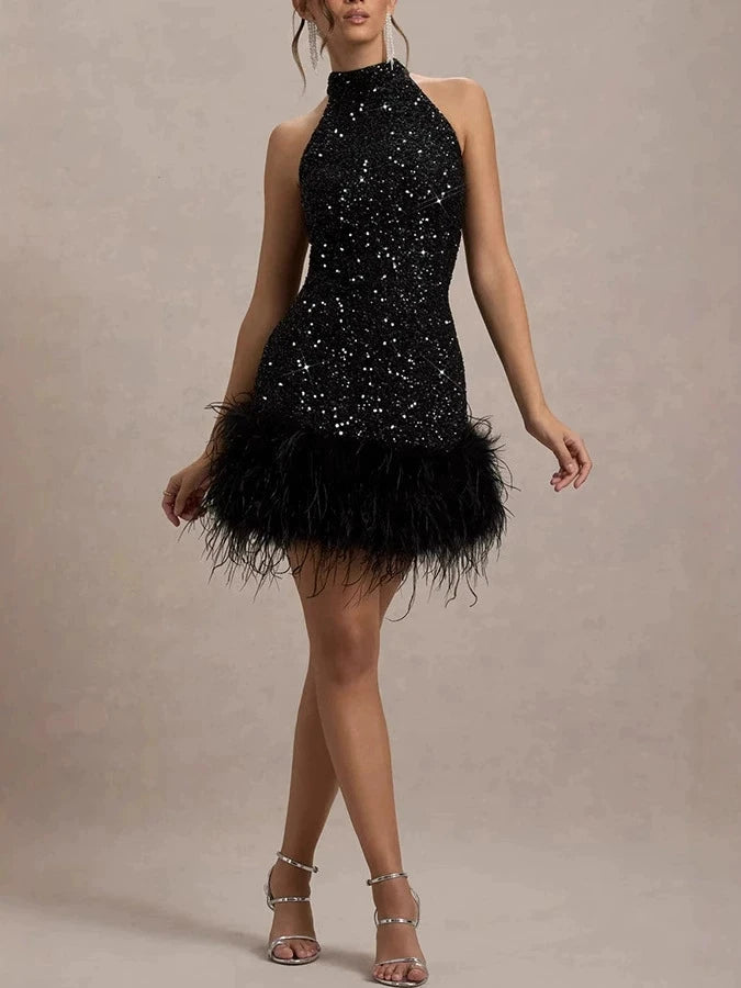 Halter Neck Sequined Feather Mini Dress