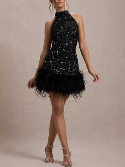 Halter Neck Sequined Feather Mini Dress