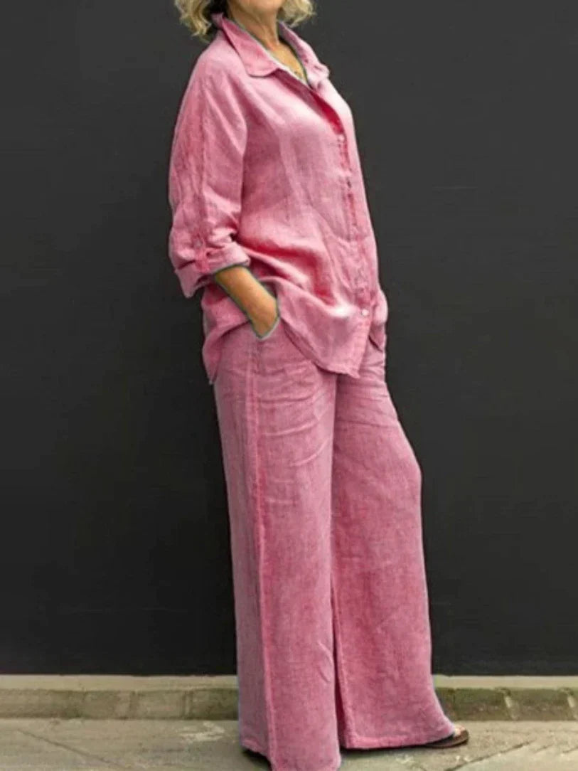 Collared Buttoned Loose Wide Leg Pocketed Set