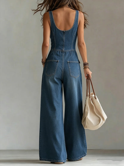 Sleeveless Buttoned Pocketed Plunging Wide Jumpsuit