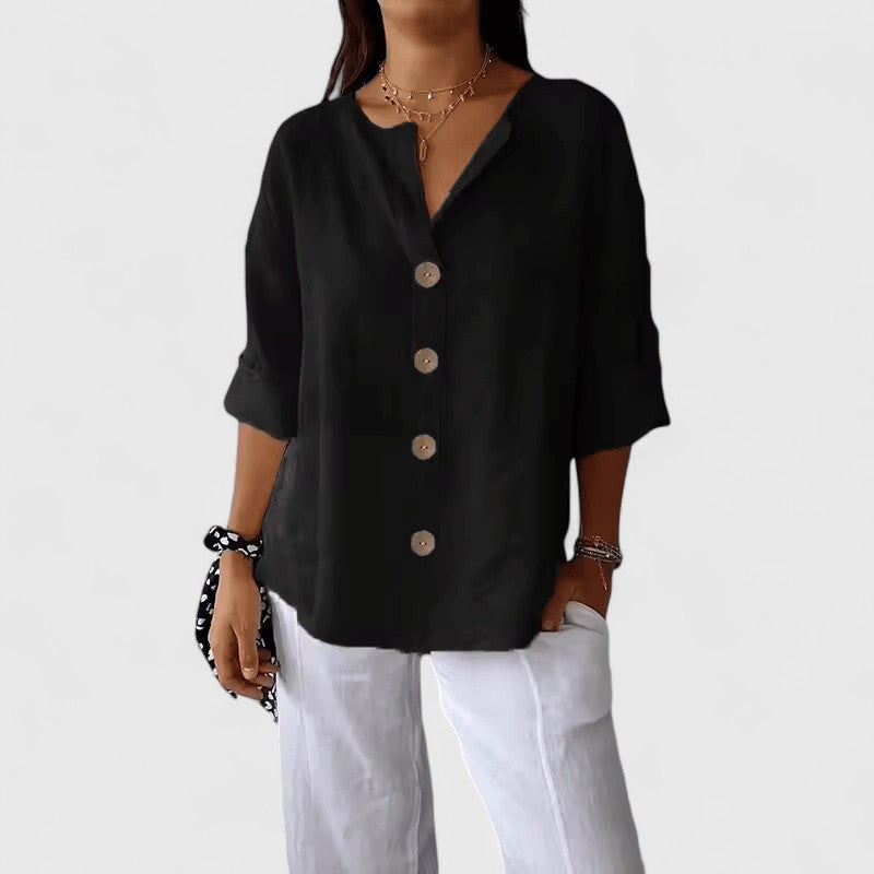 Three Quarter Sleeve V Neck Button Up Solid Loose Blouse