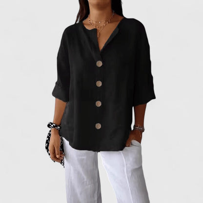 Three Quarter Sleeve V Neck Button Up Solid Loose Blouse