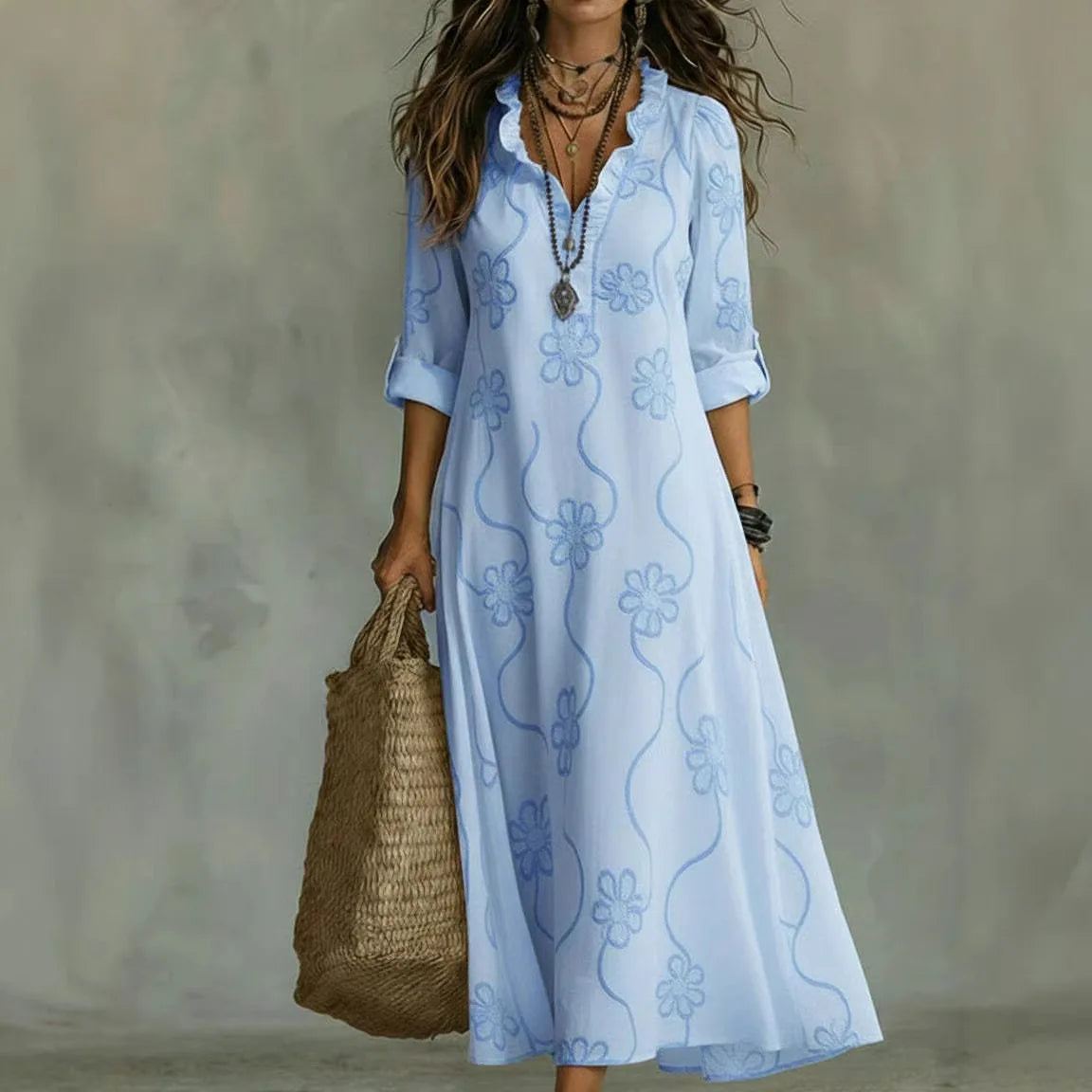 Three Quarter Sleeve Split Neck Maxi Dress