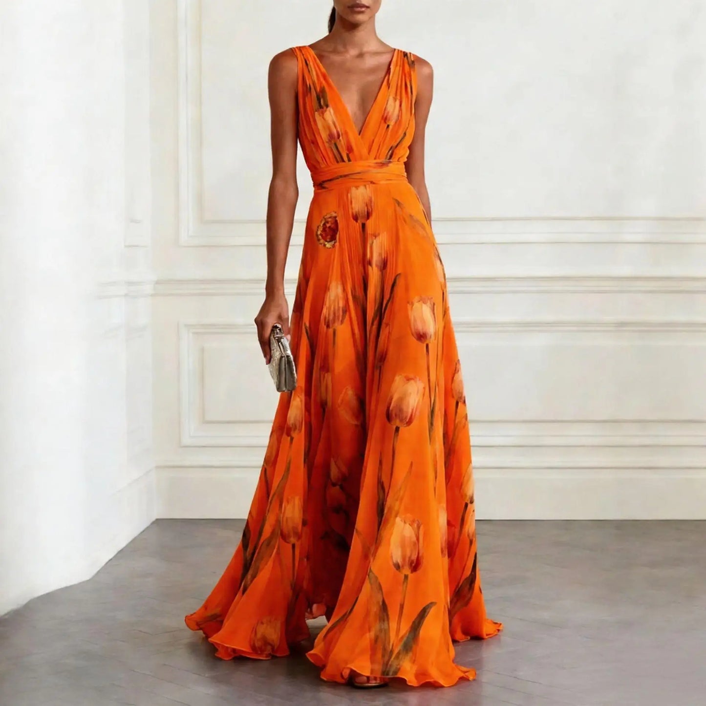 Printed Sleeveless Cinched Gathered Flared Long Dress