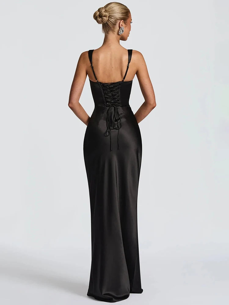 Square Strapped Sleeveless Ruched Fitted Long Dress