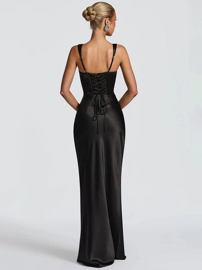Square Strapped Sleeveless Ruched Fitted Long Dress