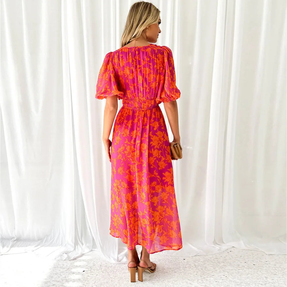 Floral Patterned Short Puff Sleeve Dress