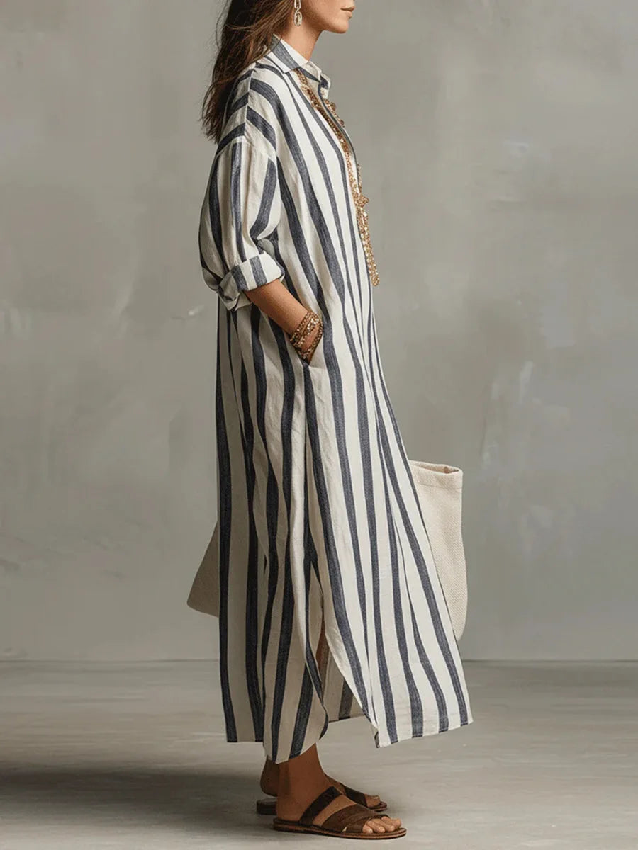 Vertical Striped Collared Oversized Long Dress
