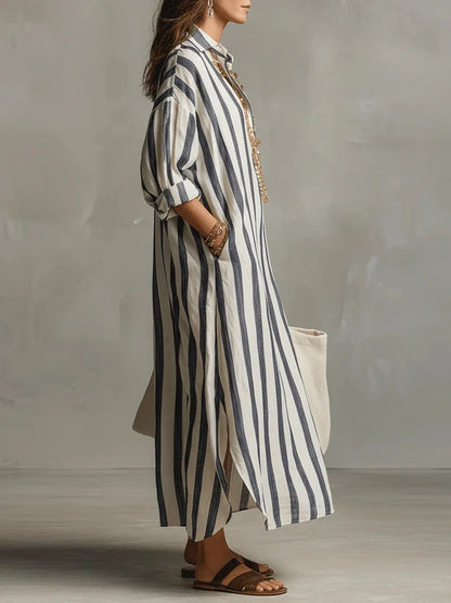 Vertical Striped Collared Oversized Long Dress