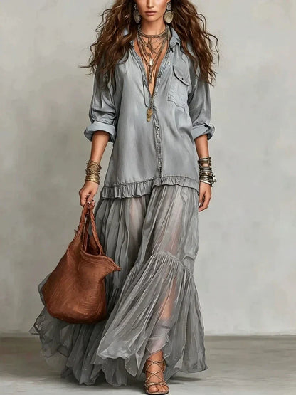 Collared Buttoned Pocketed Tiered Long Dress