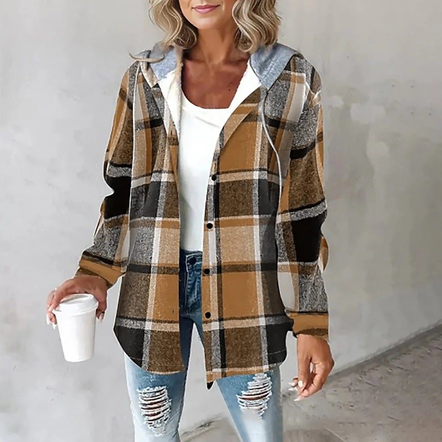 Women's Hooded Plaid Shirt Jacket