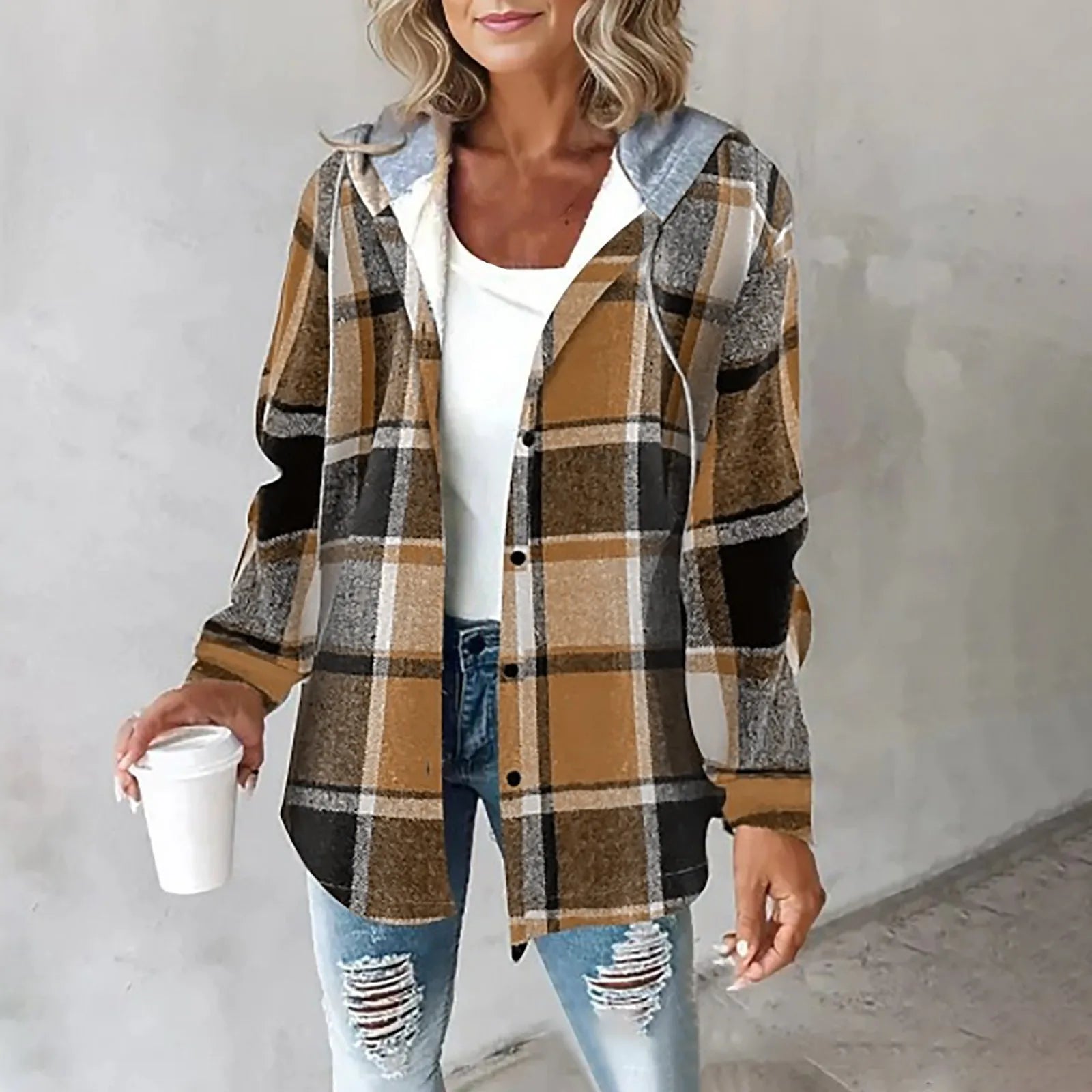 Women's Hooded Plaid Shirt Jacket