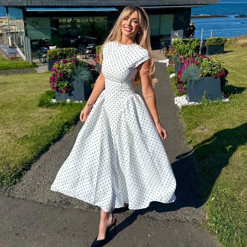Polka Dot Fitted A Line Capsleeve Flare Dress