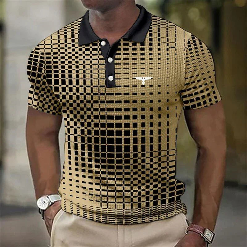 Men's Contrast Collar Short Sleeve Geometric Print Stretch Polo Shirt