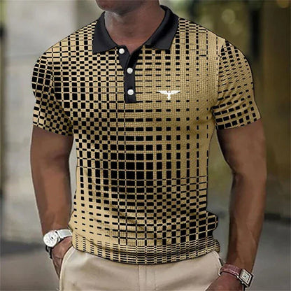 Men's Contrast Collar Short Sleeve Geometric Print Stretch Polo Shirt