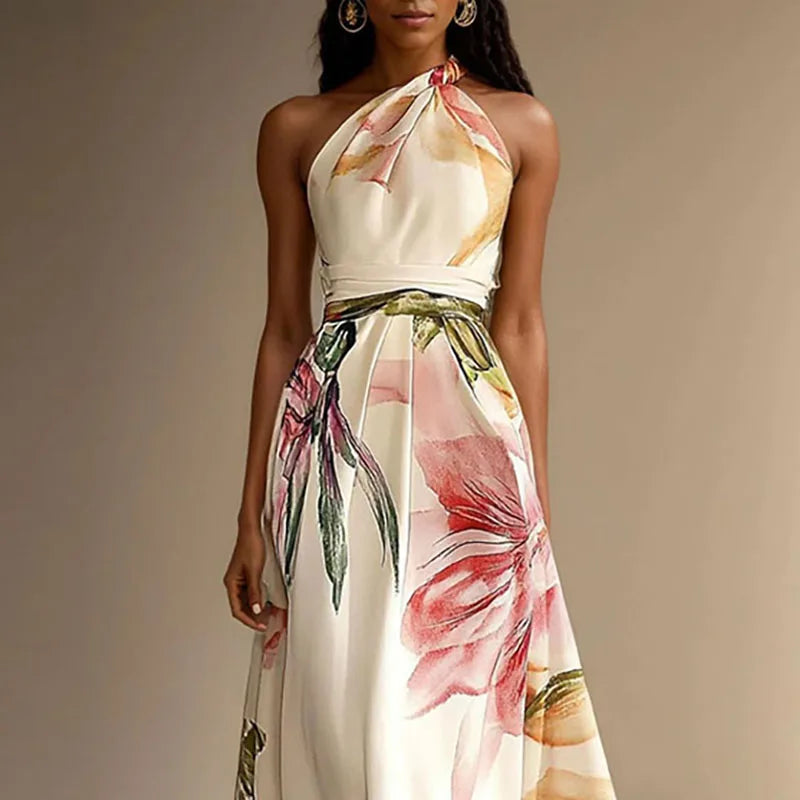 Floral Halter Sleeveless Gathered Long Dress