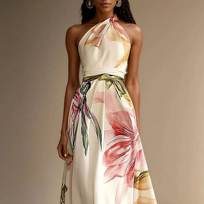 Floral Halter Sleeveless Gathered Long Dress