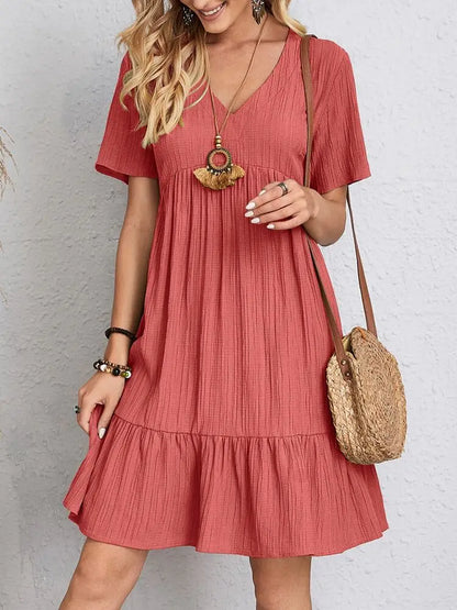 Textured Tiered Gathered Flared Short Relaxed Dress