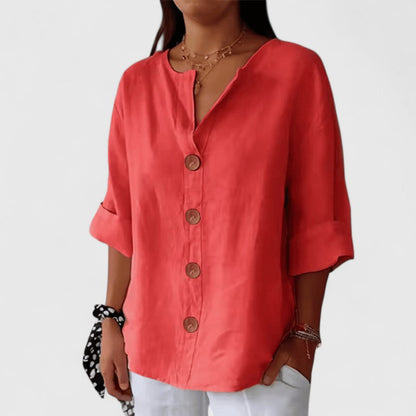 Three Quarter Sleeve V Neck Button Up Solid Loose Blouse