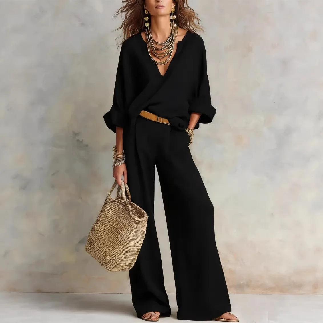 Cuffed Dropped Gathered Wide Loose Set