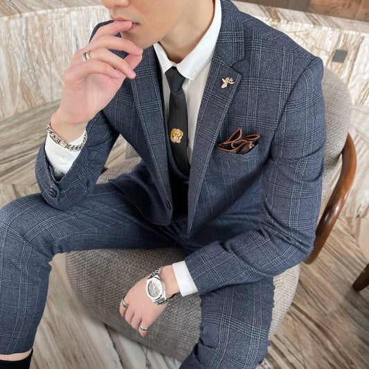 Structured Check Button Up Notch Lapel Straight Three Piece Set Suit