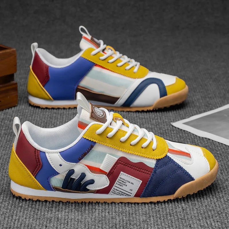 Patched Striped Rounded Textured Flat Sneakers
