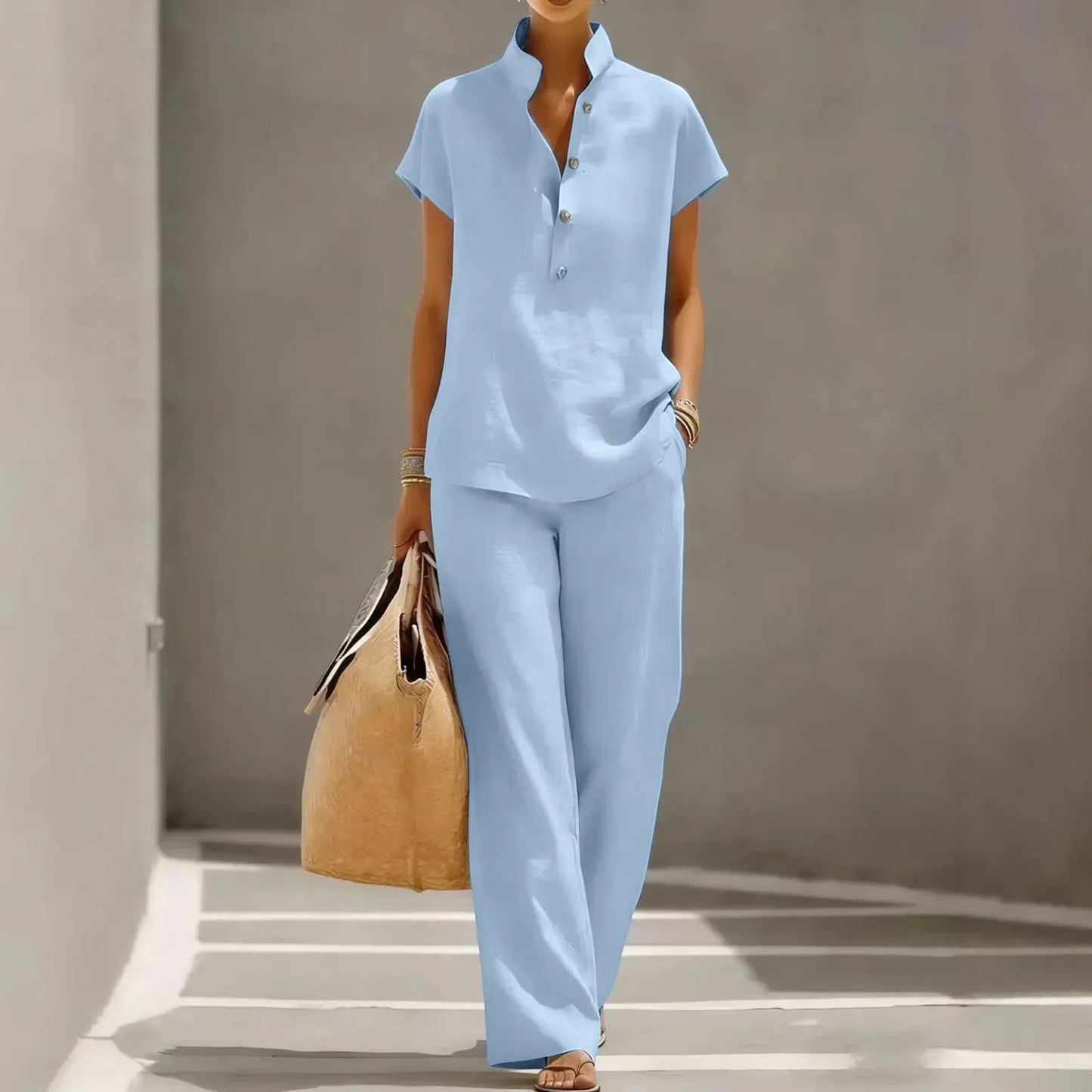 Relaxed Collared Buttoned Straight Long Set