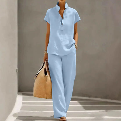 Relaxed Collared Buttoned Straight Long Set